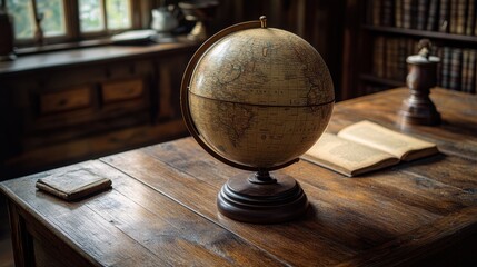 Vintage globe on a wooden desk, captured from a close perspective, emphasizing the theme of travel and adventure 