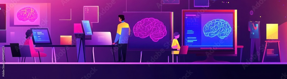 Poster people working in a modern office, focusing on a large screen with a brain graphic displayed.