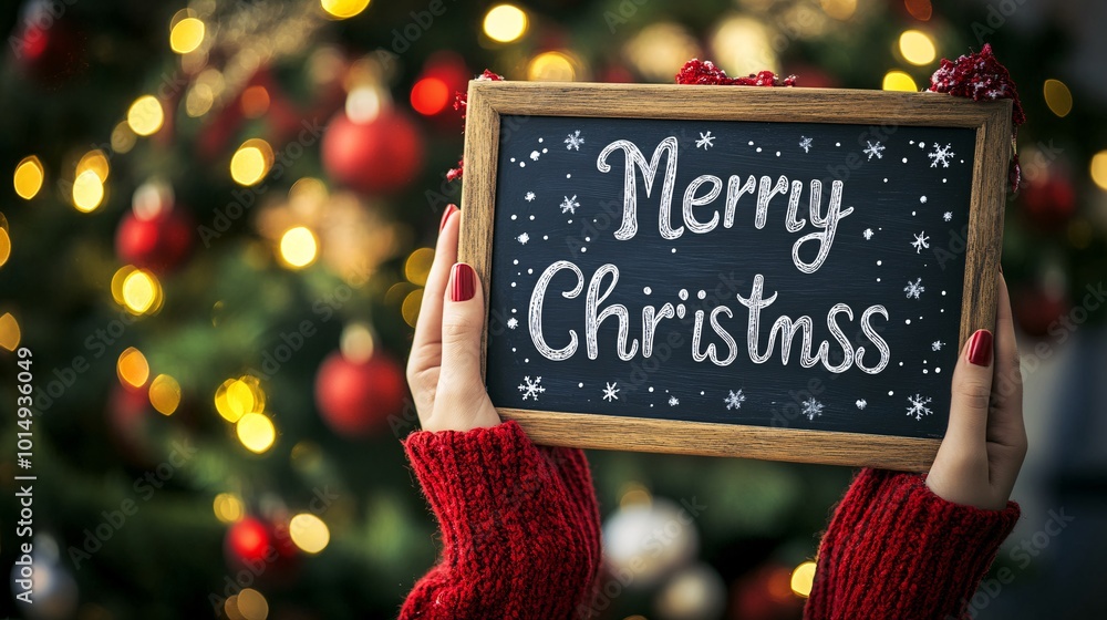 Poster Isolated on Christmas green color background with side space for letters hands holding a holiday greeting signboard with Merry Christmas written in elegant white script Stock Photo with copy space