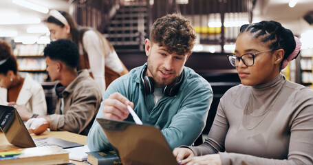 University, students and helping with laptop in library for exam preparation, homework assignment...
