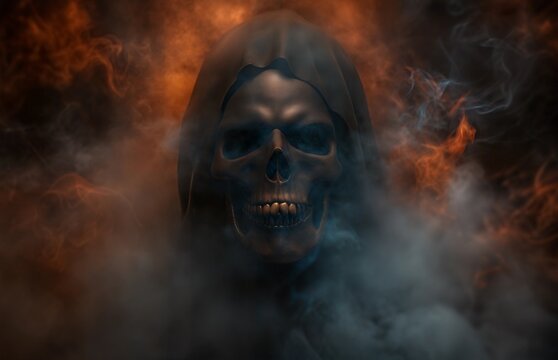 Skull materializing in swirling smoke and flame. Ominous Halloween imagery for dark and edgy product promotion or event setting.