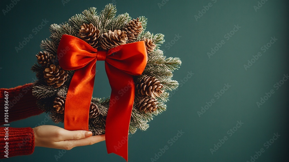 Poster isolated on christmas green color background with side space for letters a person holding a traditio