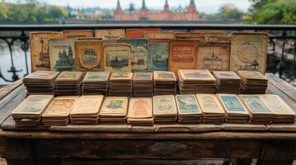 Vintage postcards displayed on a rustic table, viewed from a distance, showcasing the nostalgia and travel theme 