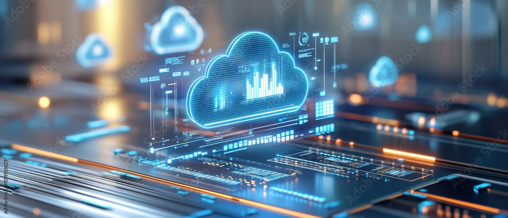 Poster cloud analytic tools, a colorful holographic display showcasing a detailed cloud network analytic re