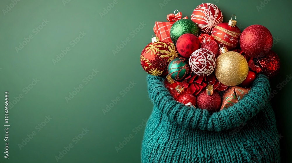 Poster isolated on christmas green color background with side space for letters a person holding a colorful