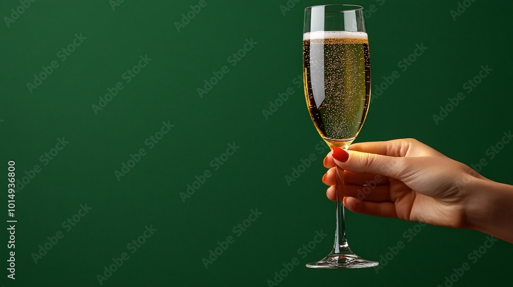 Poster Isolated on Christmas green color background with side space for letters hands holding a sparkling champagne glass raised in a celebratory toast Stock Photo with copy space