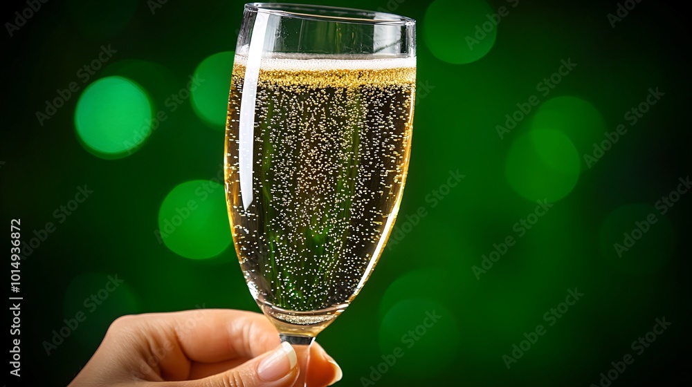 Poster Isolated on Christmas green color background with side space for letters hands holding a sparkling champagne glass raised in a celebratory toast Stock Photo with copy space