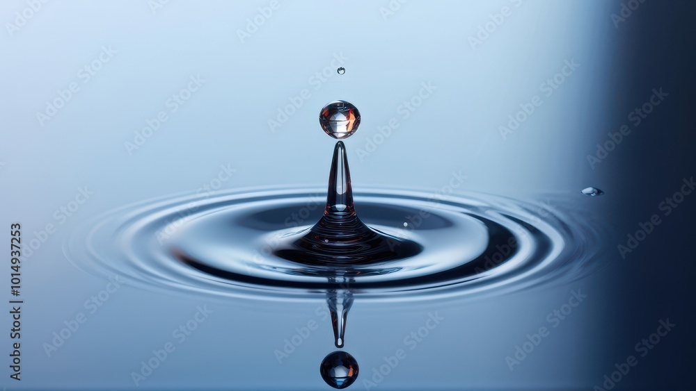 Poster a close-up of a water droplet creating ripples in a calm surface, showcasing fluid dynamics.