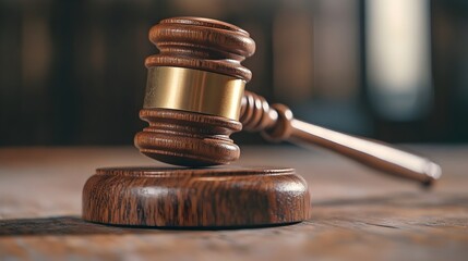 Wooden Gavel on Courtroom Desk Representing Legal Authority and Judicial Decision