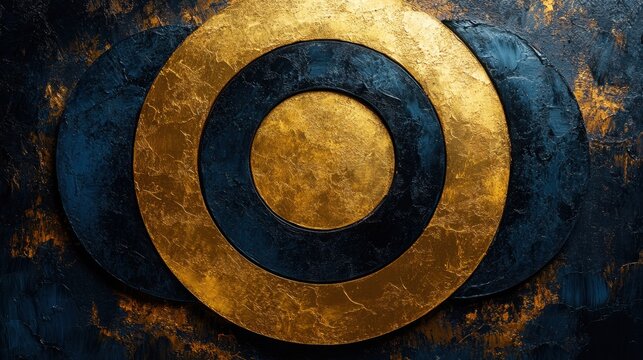 Abstract oil ink art of interlocking circles in gold and black captured from a high-angle to create a sense of balance and symmetry in the design 