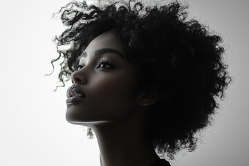 A black silhouette of an African American woman with curly hair, standing against a white background The figure is centered and in profile view, showcasing her graceful posture