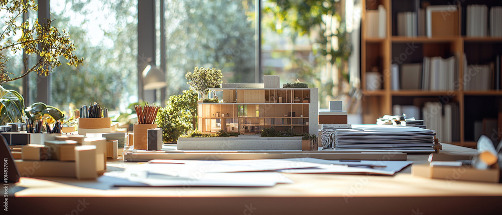 Poster architect designer, the architect designer engagingly studies 3d building models on a digital tablet