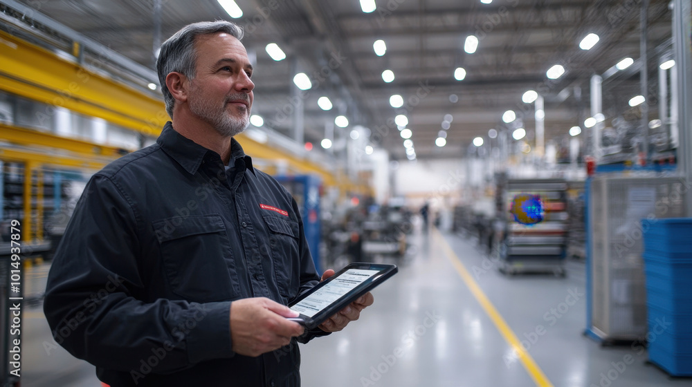 Poster factory manager, the factory manager observes automated assembly lines, reviewing efficiency reports
