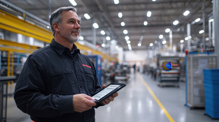 Factory manager,  The factory manager observes automated assembly lines, reviewing efficiency reports on a digital tablet. Tools are strategically placed around him in the bright,