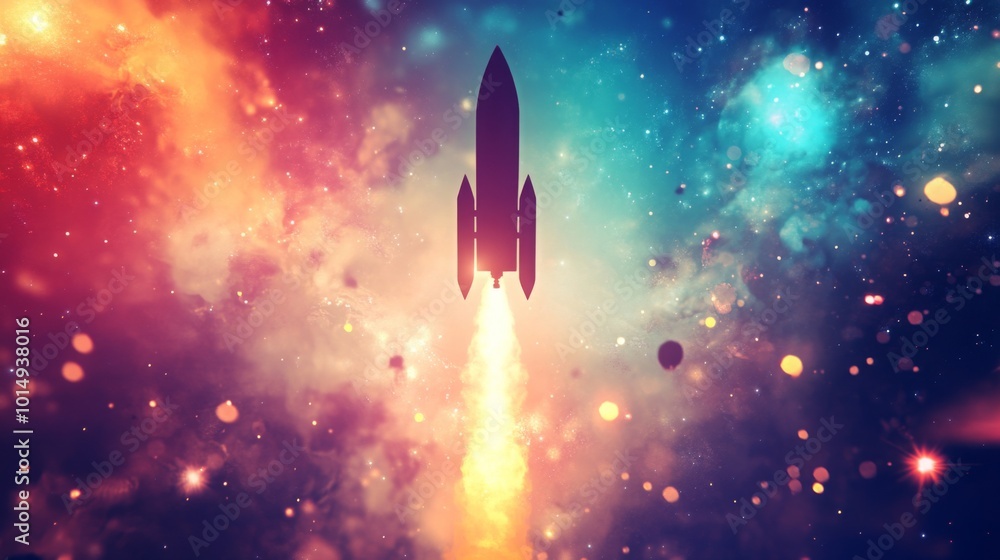 Poster A rocket propels itself into the vastness of space, leaving a fiery trail. The background is filled with vibrant colors, showcasing stars and cosmic dust that illuminate the night sky.