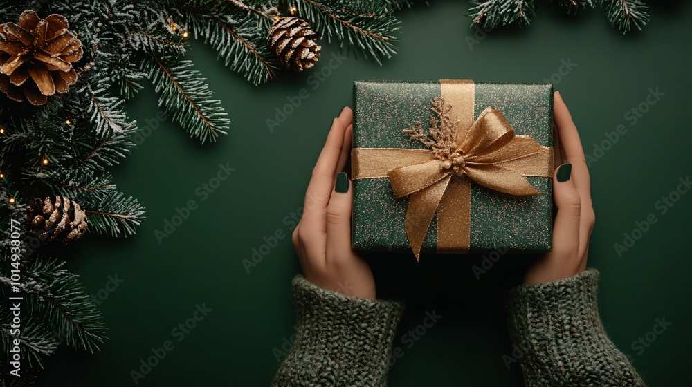 Aufkleber isolated on christmas green color background with side space for letters a person holding a gift box