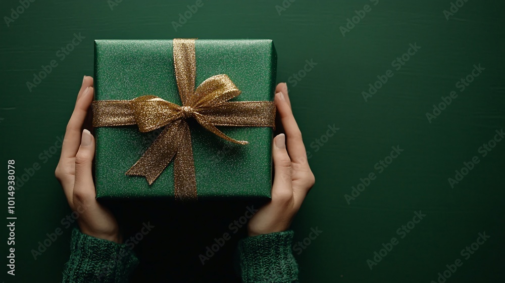 Poster isolated on christmas green color background with side space for letters a person holding a gift box