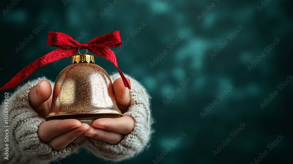 Aufkleber isolated on christmas green color background with side space for letters a person holding a shiny ch