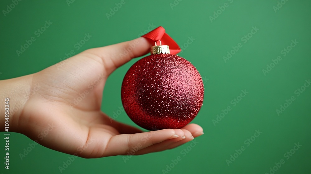 Poster isolated on christmas green color background with side space for letters a person holding a shiny ch