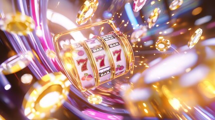Glitzy Casino Scene with Animated Slot Machine and Cheering Players | 3D Rendered Online Gambling Background