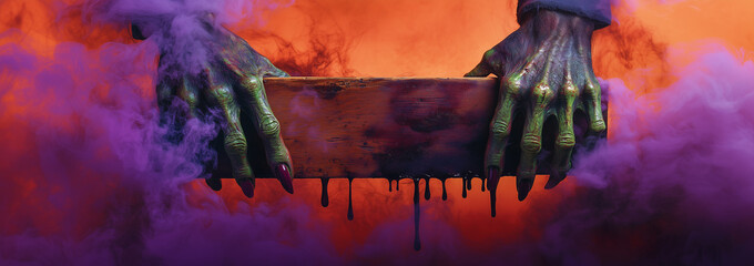 Scary halloween monster zombie hands holding a blank board dripping with blood. Creepy empty sign for October 31 party invitation with Happy Halloween text