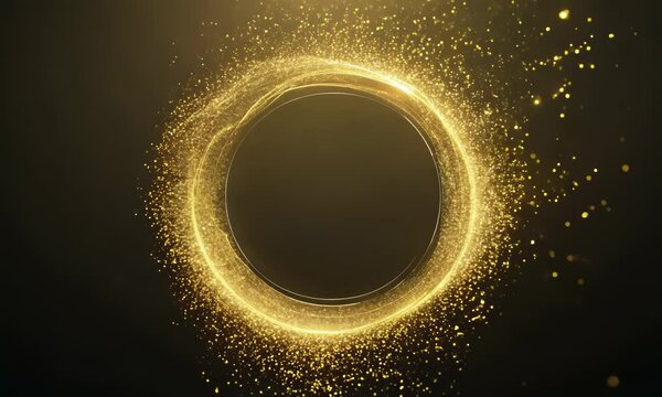 Christmas Golden circle round frame Portal with glowing golden sparkles and glitter particles on black background with golden bokeh, VFX