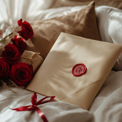 Sealed love letter with a red wax stamp, tied with satin ribbon, beside fresh roses and a small gift box on a cozy bed. Soft natural light creates a peaceful, intimate atmosphere, perfect for romance.