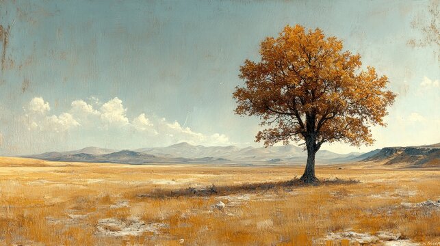 An oil ink piece showcasing a solitary tree in a barren landscape with soft browns and yellows positioned from a distant wide-angle view to highlight the emptiness and isolation 