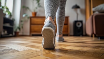 Fototapeta premium Close-up shot of a woman's foot in a sneaker walking on a wooden floor.