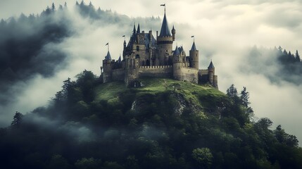 Obraz premium Enchanted Castle on a Hilltop Amidst Fog