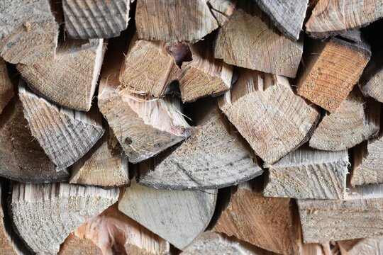 A stack of firewood logs of spruce and fruit tree wood.