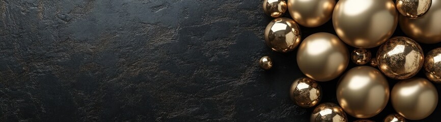 Golden spheres on dark textured surface.