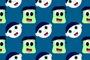 Seamless Halloween pattern with cute cartoon monsters, Frankenstein, and vampire heads. Ideal for spooky holiday designs.