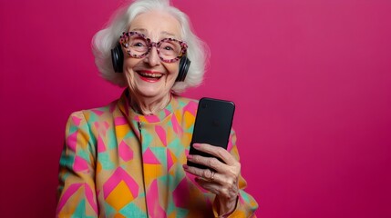 Fototapeta premium Cheerful Elderly Woman Using Smartphone in Colorful Studio Setting