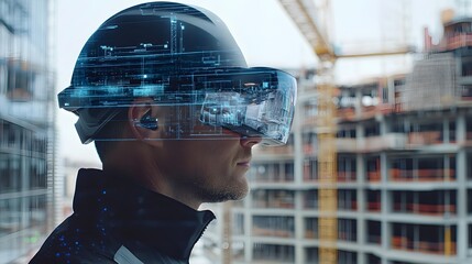 Engineer using augmented reality glasses on construction site