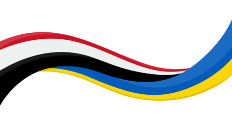 Wavy ribbon banner of Ukraine National flag with Yemen National Flag. Unity and cooperation symbol. Logo for charity social events, NGO, sports team, peace summit. Vector illustration.