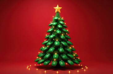 Obraz premium Christmas tree made of many green computer mouse on a red background with garlands and bokeh