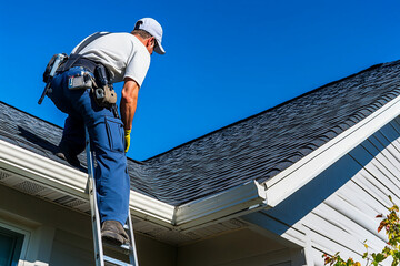 Professional roofer inspecting a house roof while standing on a ladder. Routine home maintenance and safety inspection under a bright, clear sky to ensure the roof's integrity