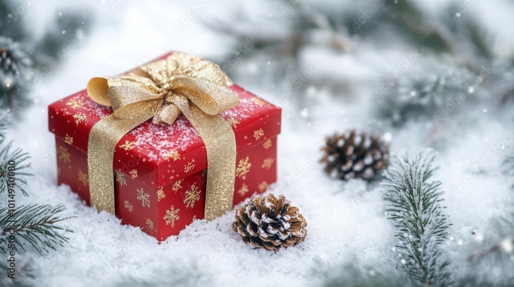 Poster a red gift box with a gold ribbon is sitting in the snow. the box is decorated with snowflakes and i