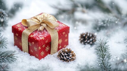 A red gift box with a gold ribbon is sitting in the snow. The box is decorated with snowflakes and is covered in a light dusting of snow. There are pine needles and a pine cone nearby.