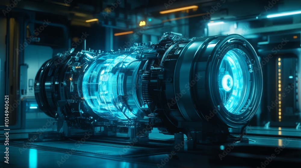 Aufkleber A glowing energy core rests on a metal platform in a futuristic laboratory. The core emits a blue light, surrounded by intricate machinery and equipment, creating a striking technological ambiance.