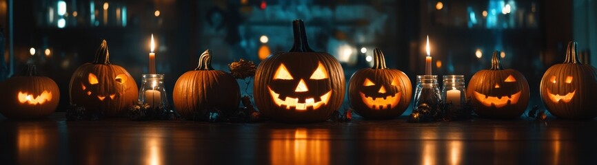 Lit jack-o'-lanterns with spooky faces on a wooden table with candles.