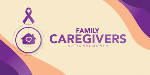 Family Caregivers month is observed every year in November. Calligraphy Poster Design. The Plum Ribbon raises awareness for cancer caregivers. Banner poster and background design template. Vector.