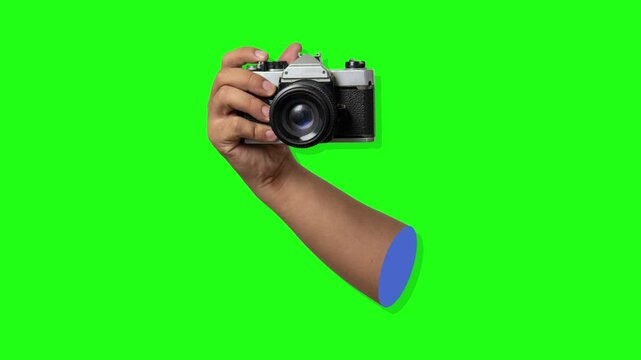 Contemporary art collage of hand camera on green screen, crumpled paper background, graphic motion collage art element , 4K animation