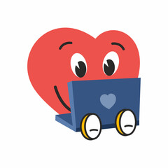 Cheerful groove style heart works on laptop. Retro sticker for Valentine's Day on February 14th. cute character for birthday greetings.