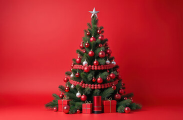 Naklejka premium Christmas tree made of makeup cosmetics and decor on red background 