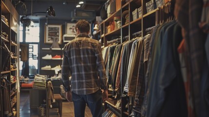 A person browsing racks of clothes in a retail store
