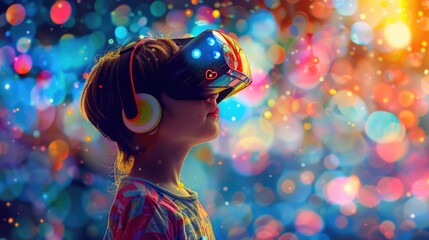 A young child wearing virtual reality glasses, perfect for technology or innovation themes