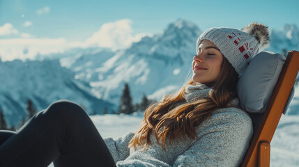 A young woman relaxes on a lounge chair, enjoying a sunny winter day in the mountains. She is dressed in a warm sweater and hat, with snow-covered peaks in the background