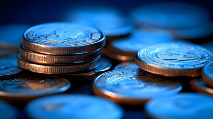 Finance background with coins and financial graphs on a blue tone